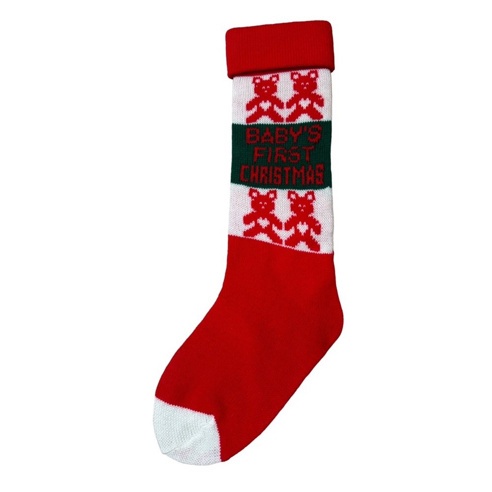 Knit Baby's First Christmas Stocking Holiday w/ Teddy Bears Red/White/Green NWOT